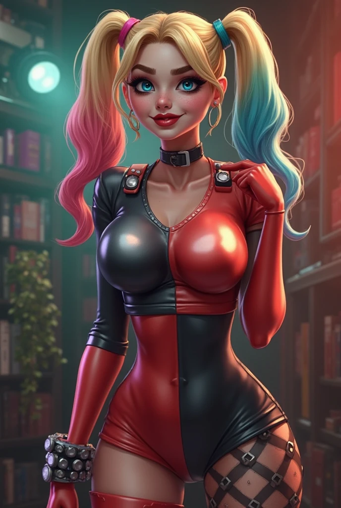 Harley Quinn sexiest LARGE BREAST AND CLEAVAGE, SLIM ATHLETIC BODY LONG LEGS, CUTE SMILE,