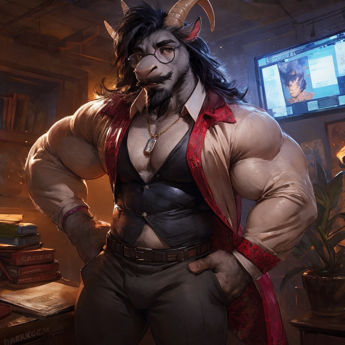 Best quality, masterpiece,ultra high res,detailed background,realistic, real shadow and light,depth of field, looking at the viewer, (sitting at the bar), counter bar, strong arm and veins, male, bull furry, Bull, unbutton shirt, open shirt, black tie, fundoshi, crotch bulge, short hair, beard, Sexybody, angry face, sweat body, black nipples, at the bar, whisky glass, night time.