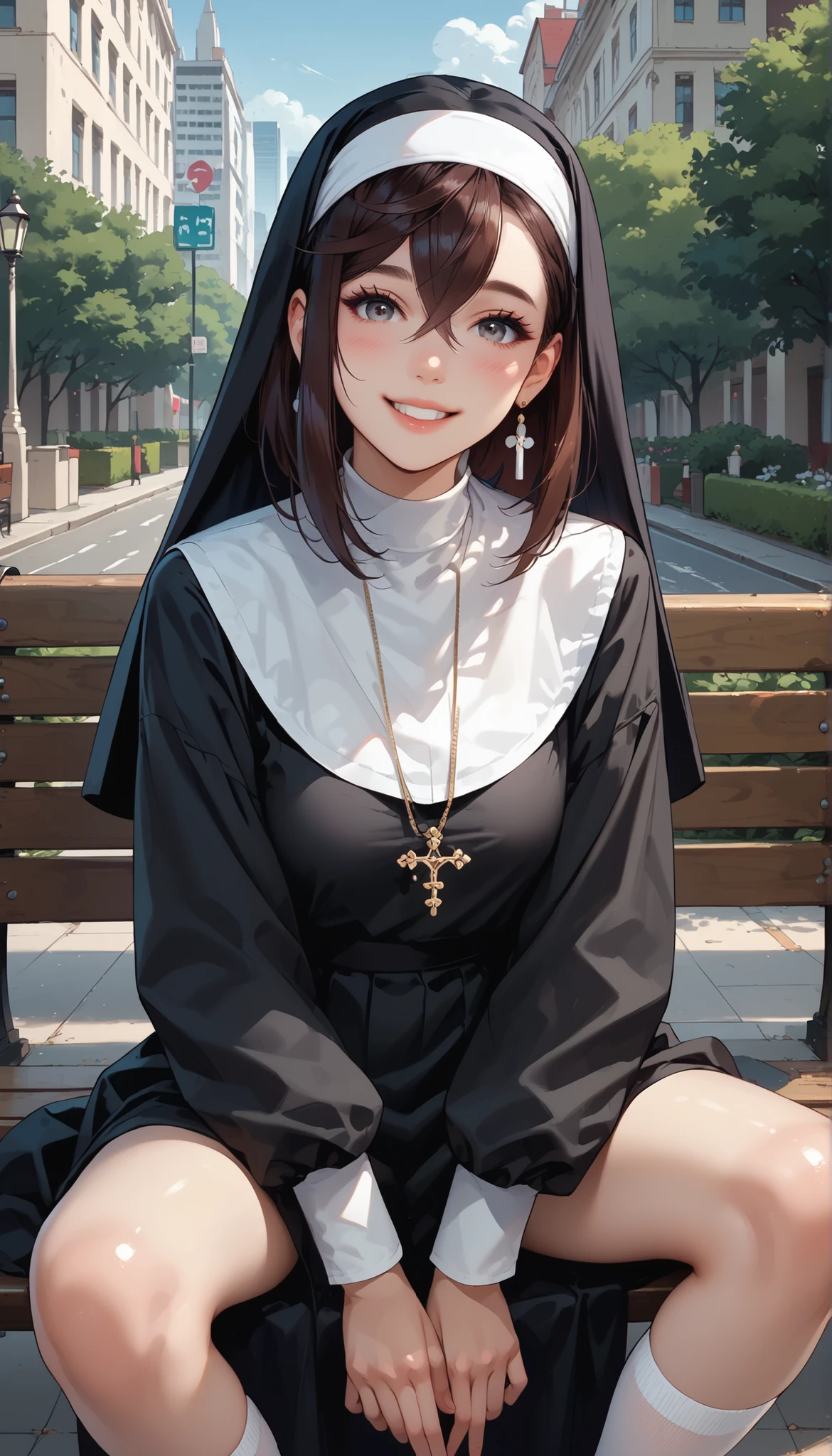 Ayase Momo, dressed as a nun, is sitting on a bench in a city park reading the Bible, 18 years old, brunette, bangs, grey eyes,  medium-sized chest,  the nun's grey short robe , the hem of her cassock is lifted up, legs spread wide apart, white lace briefs, Cute, smile, loud onomatopoeic speech, in the background of the park path and the bushes, is agitating on a bright sunny day, full length front view