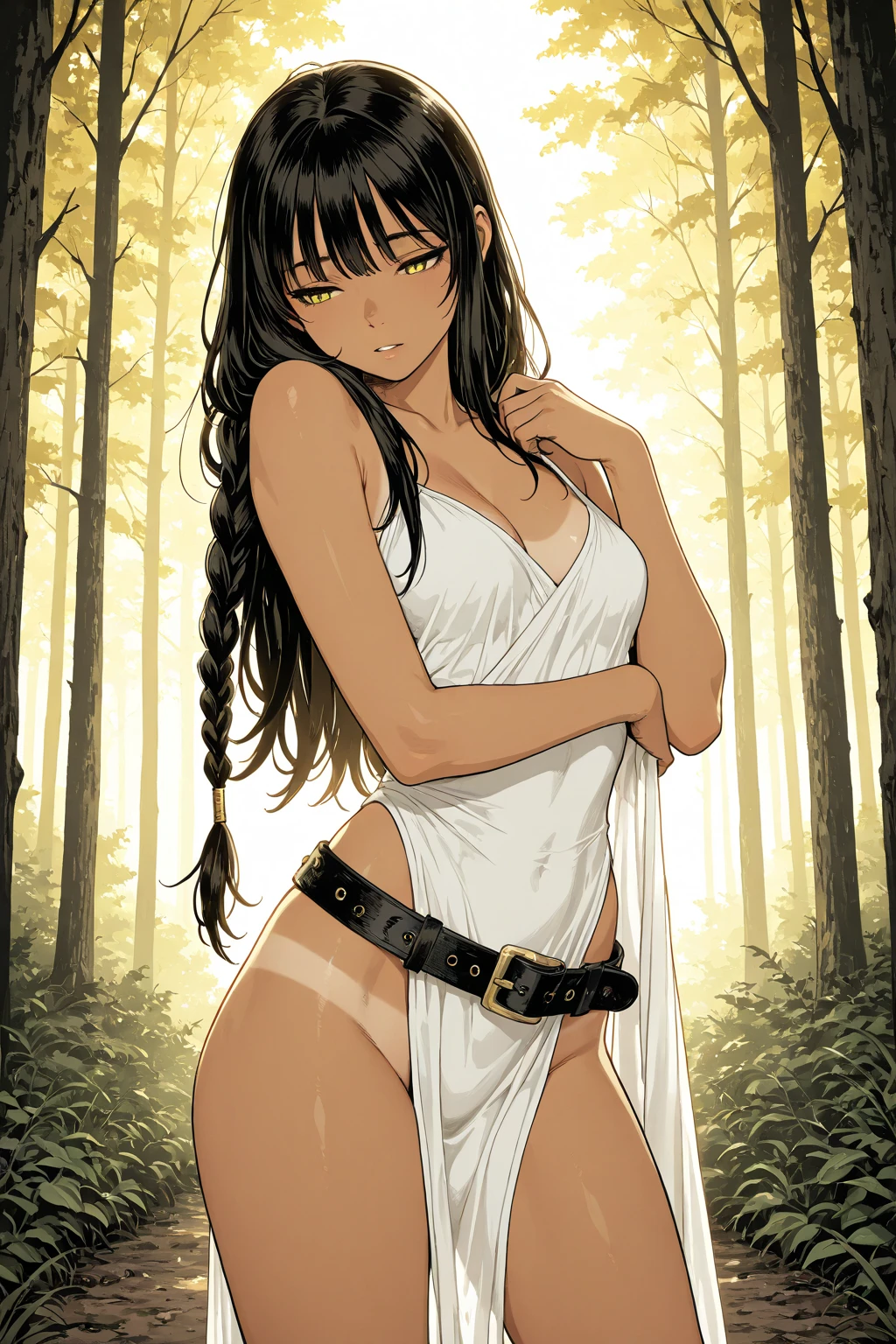 masterpiece, best quality,(forest0.2), (center of the lake0.4), girl, bathing, back, sideboob,nipples, ass visible through thighs, nude, embarrassed,(looking at viewer0.3) ,  <lora:Moxin_1010:0.8>