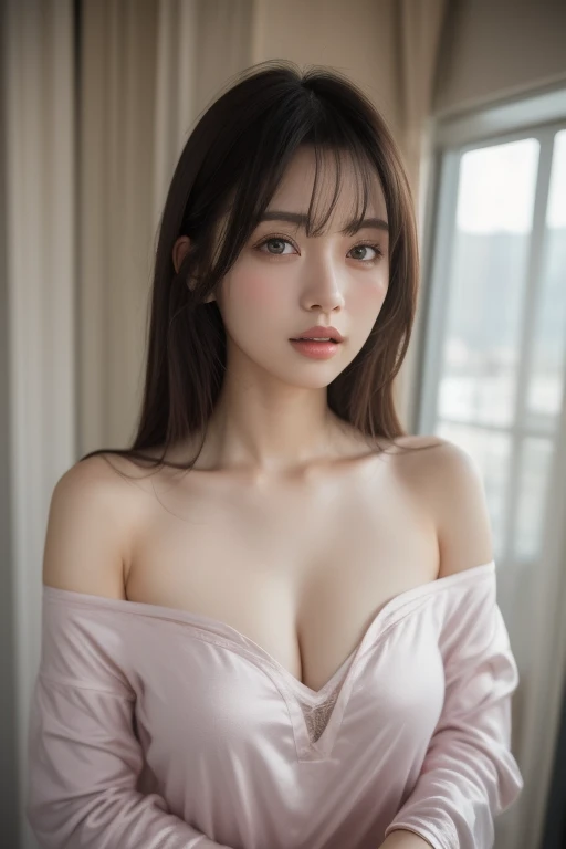 Masterpiece, Ultra-detailed, ultra high resolution, (Real and lifelike photos: 1.37), light color、detailsなパンティーパターン、focus、HD RAW color photography, extremely delicate and beautiful, 非常にdetails, 8k Wallpaper, amazing, (8k, original photography, top quality, Masterpiece: 1.2), details, 非常にdetailsな目, 非常にdetailsな肌, 非常にdetailsな指, h非常にdetails nose, 非常にdetailsな口, perfect anatomy,1 girl in, vague, vague background, Blurred foreground, blush, braid, huge山雀, depth of field, Eyebrows visible through hair, hair between eyes,short hair,alone, huge 、nogizaka idol、korean idol、Posing a gravure idol、18 years old adult female、High,korean idol、nogizaka idol、Posing a gravure idol、(((pink nurse uniform:1.3)))、Black thigh high socks for emphasis、open cleavage,((Big breasts:1.4))、G cup slim figure、model figure、model standing、