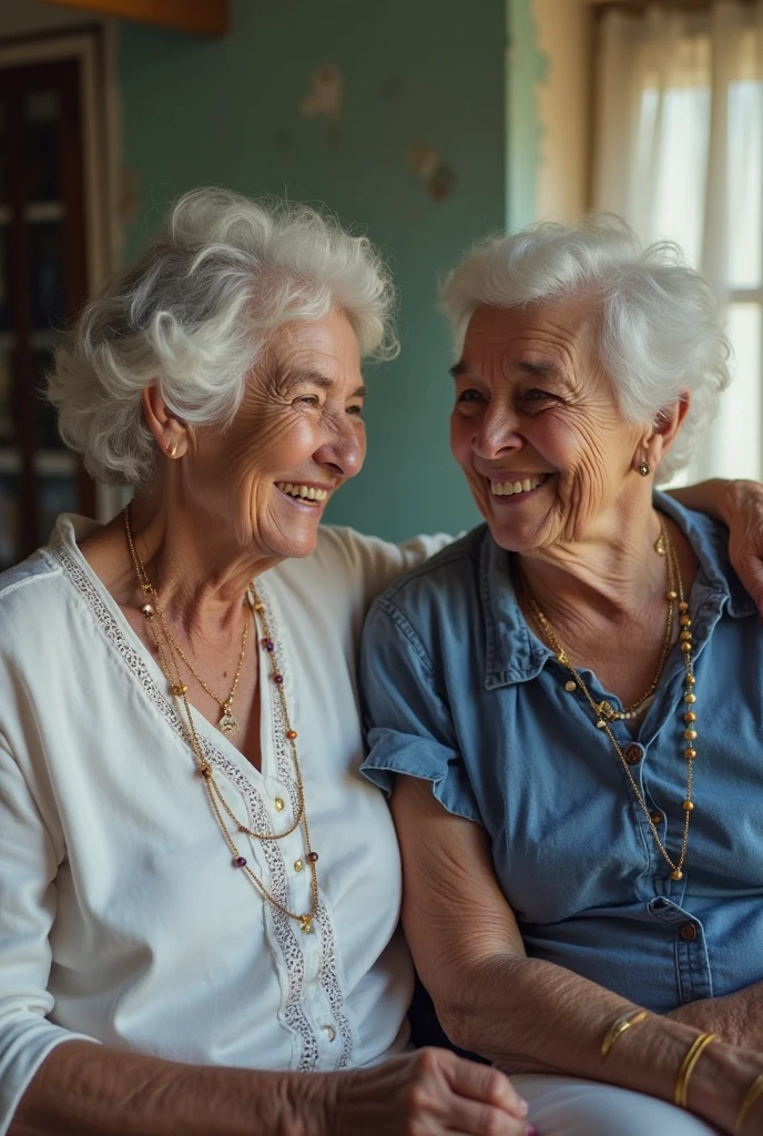 An elderly woman with white hair hugging a young boy in the living room --auto --s2