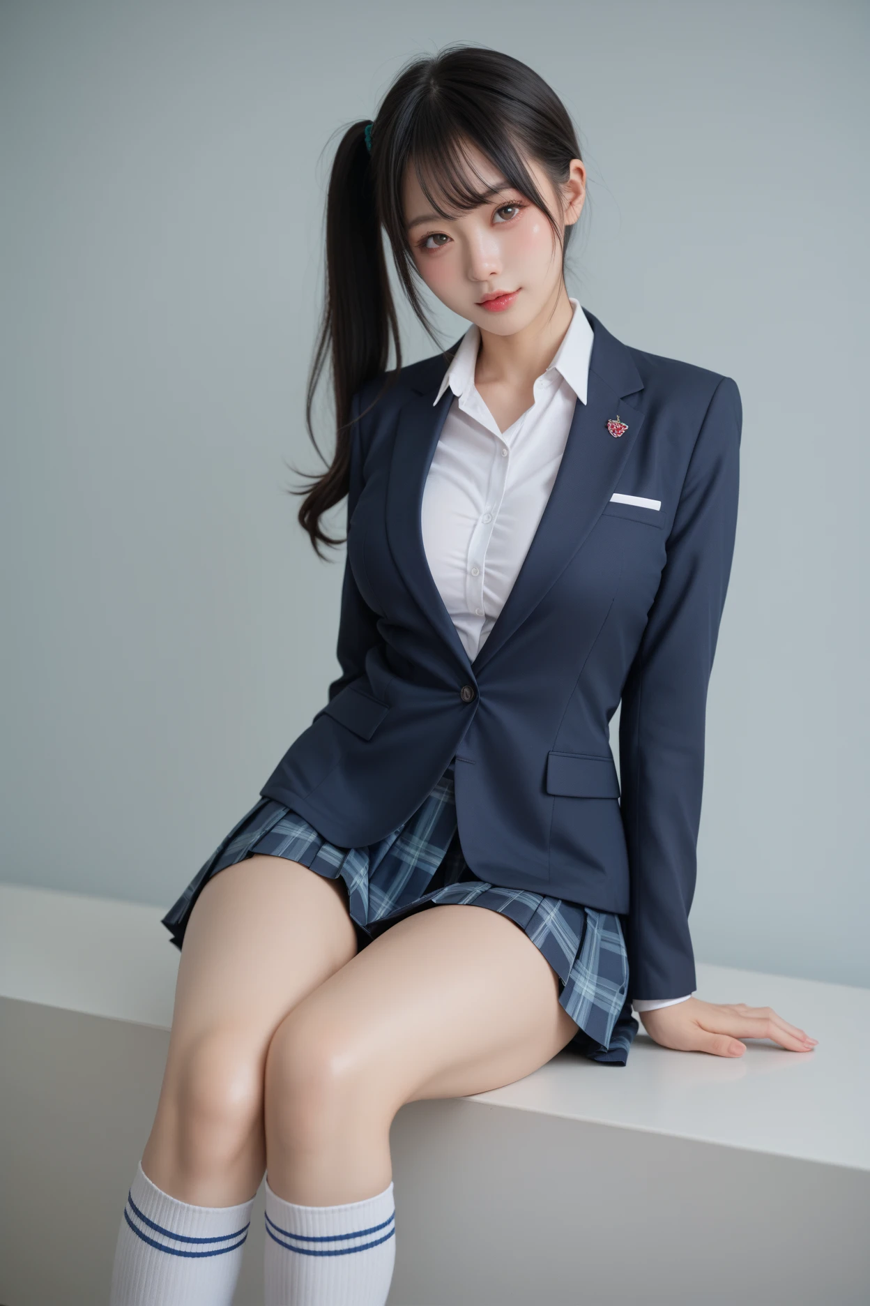 (8k), (highest quality: 1.2), (Realistic), (Realistic: 1.37), Ultra-high resolution, (1 girl), cute, blush,Embarrassed smile, Beautiful details, Beautiful Nose, straight Hair, Giant Dulcefo, pork, Thighs，Self Snap,University Uniforms,(A simple light color blazer:1.4),(Pleated skirt:1.4),(The skirt and tie are black tartan check pattern:1.3),(Sitting:1), Sit on the outside bench,(Shiny 太い legs:1.2),from the front,knees,(脚を閉じて:1.2)