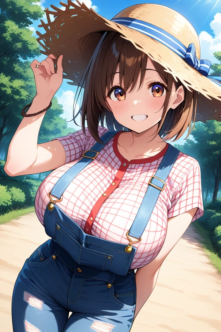 1girl, solo, ponytail, (naked:1.3), (overalls), large breasts, farm background, smiling, (blushing:1.2), pov
