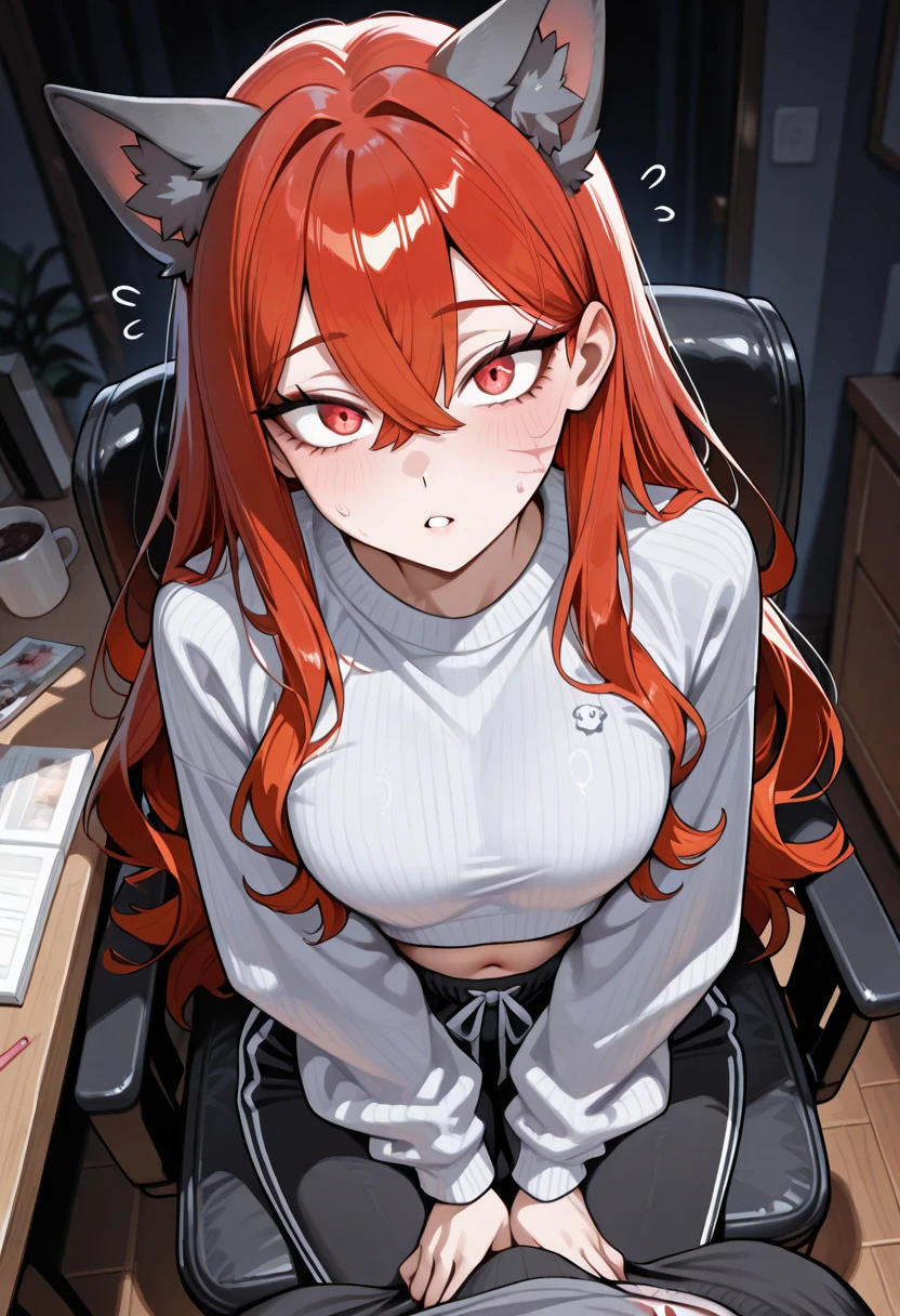 Surtr(Arknights),red hair,peach skin,curvy body, wears comfy pajamas, sitting on a chair,has a pet collar on her neck,nsfw