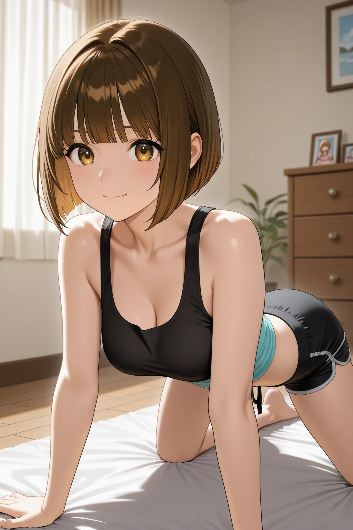 [ochako uraraka], [Boku no hero academia], ((masterpiece)), ((high res)), ((solo portrait)), ((front view)), ((full body)), ((feet visible)), ((HD)), ((detailed shading)), ((intricate details)), {(attractive figure), (rosy cheeks), big round brown eyes, short brown hair, short eyelashes, large , (curvaceous hips), (beautiful lips), (cute soft feet), (excited smile), (white teeth), (blushing)}, {(pink sports bra), (black yoga pants), (toeless stirrup socks)}, {(kneeling on rug), (looking at viewer)}, [ambient lighting, living room, window, sun rays]