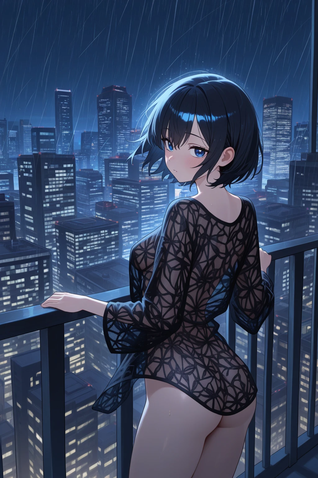 Anime-style girl with large buttocks, back view, back turned, wearing a large black shirt and panties, standing on the balcony of her apartment, looking forward, at the city at night, soft urban lighting, detailed, UHD, trending on Artstation, in the style of Ghost in the Shell, Yoshiyuki Sadamoto