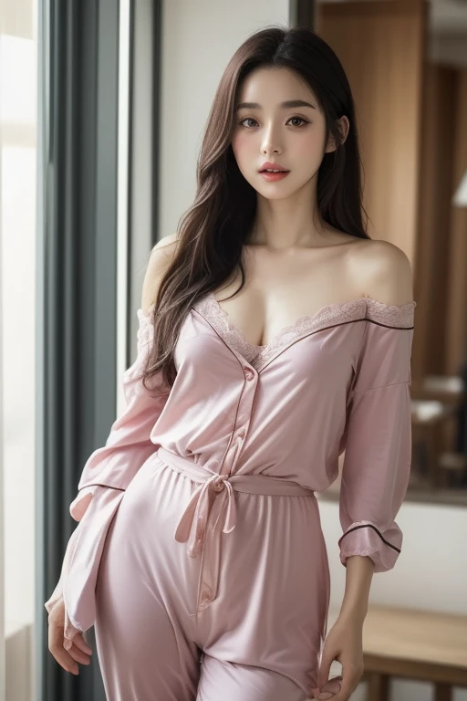 Mature Young,Great pajamas,Pajamas with open chest，Erotic style,very cute,Luxury hotel suite，Bedroom，whole body,Beautiful and soft skin、Perfect Face、Perfect Face,Gorgeous long brown hair,8K resolution,Ultra-realistic,Very detailed,high quality,Fashionable erotic beautiful immature woman ,(Look at the viewers)
