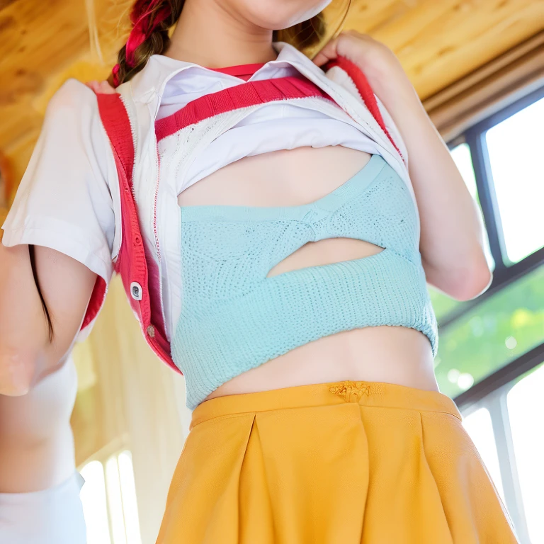 ((One Girl:1.4)),(masterpiece, Highest quality), ((Looking into the camera)),(((Long Hair))),(((I can see your chest))),(Nipples are visible), Asuka Langley, whole body、I can see your thighs、(((Blonde))),classroom、stand、((Sexy pose))
blue dress, mini skirt、dress, neck ribbon, pinafore dress, ((red ribbon)),ribbon,(((White Shirt))),Short sleeve, short-sleeved,((((((asuka langley hairstyle)))))),(((Dark Eyes))),,(((Black Eyes))),(((blue skirt))),smile