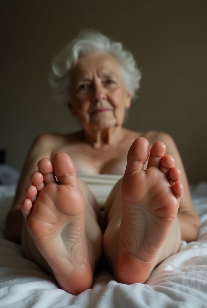 Feet with eyes masturbating while looking at an old woman