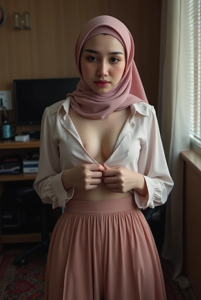 top Quority,Ultra-clear resolution, Korean Teen 18 years old((pashmina hijab.Without clothes. One set. Naked. Not wearing shirt. Not wearing panties. Both nipple are red, detail breast, Beautiful appearance. And graceful. White glasses)) smile and say hello. Sit nicely in the car, spread legs, full body image, hairy pussy.