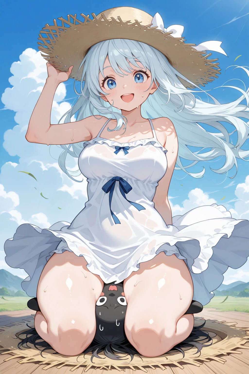 Detailed face, Long eyelashes, Detailed eyes,,(Long straight hair: 1.3), (Light blue eyes: 1.3),largeeyes (Silver hair: 1.2),Slim, and huge hips,Bigchest,huge tit,The chest is a 36D cup,From the angle from below, grassy fields,rays of sunshine,shyexpression,Squinted eyes,There is love in the eyes,Put your hands behind your back,Kneel on the grass,Pleasant,Wear a short shirt,Short pleated skirt,Wearing a straw hat,The reveal panties,Close-up of panties and chest