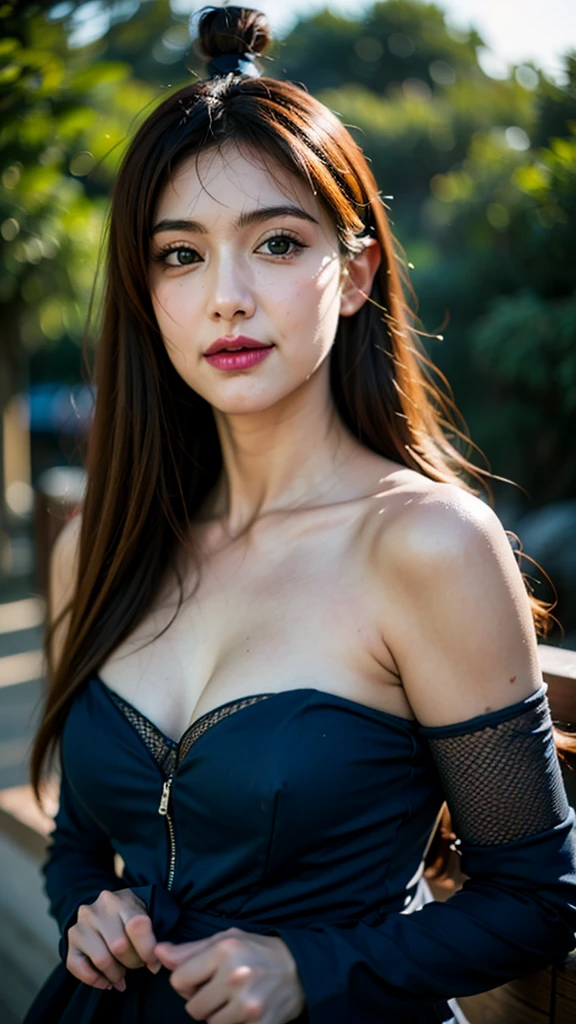 ((Realistic lighting、top-quality、8K、tmasterpiece:1.3))、Clear focus:1.2、Girl vs、perfect figure beautiful woman:1.4、Slim abs:1.1、((Dark brown hair、Big:1.3))、(Acceleration:1.4)、street、Tall、Slender face、Narrow eye、Swaying hair、Exposed cleavage、Gilet blanc, 4k