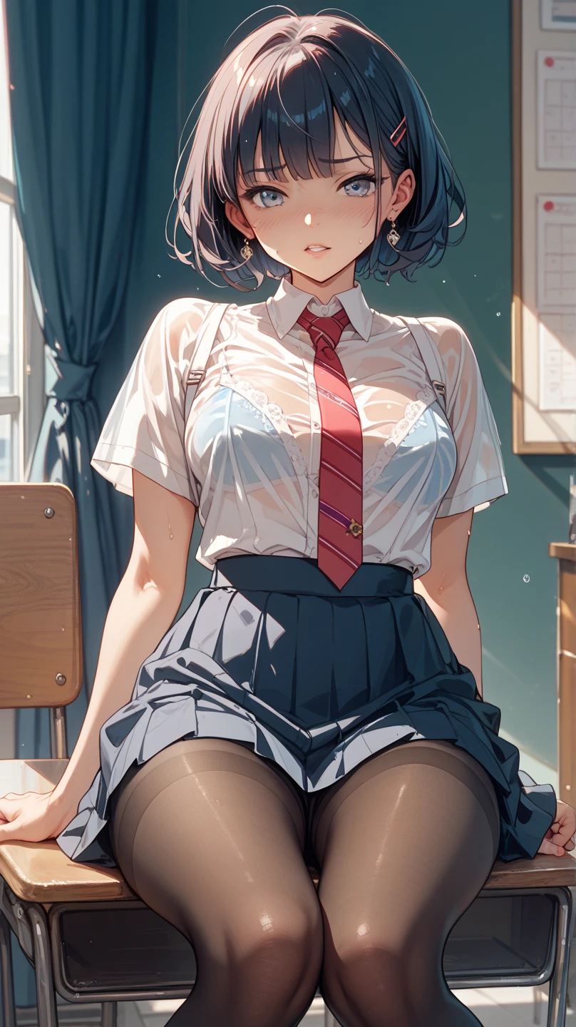 1 girl, glasses, (hands on breasts:1.2), blush, (slim body:1.2), (huge breasts:1.1), (slender legs:1.1), short black hair, school uniform, long sleeve white shirt, pleated skirt, (black tights:1.1),
