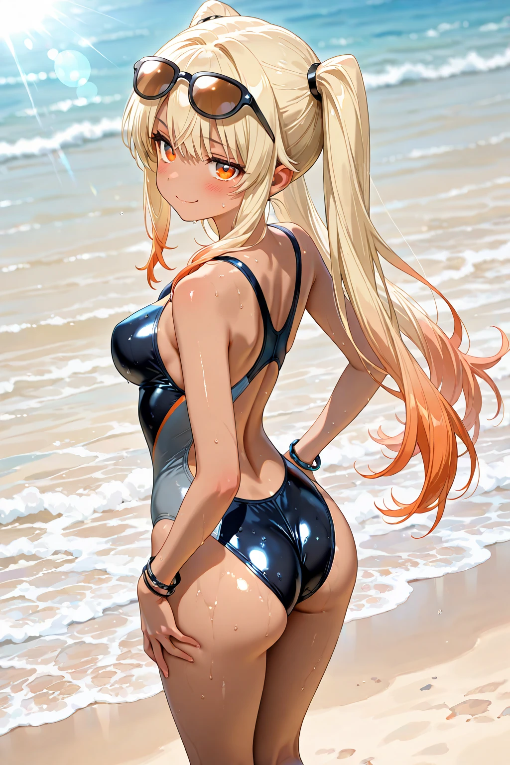 ((Best Quality)), (ultra-detailliert), ((Extremely detailed)), (Beautiful), ((Kawaii Girl)), ((UHD)), (masterpiece), (high quality), (best quality), (4K), (high quality), 1, solo girl, 1girl, ((platinum blond hair)), parted bangs, ((hair intakes)), long hair, (hair two side up long), ((jade colored eyes)), slanted eyes, medium breasts, slender body, competition swimsuit, from directly below, shoot from behind, Pool Background, (blue sky:1.3), solar, sunlight, anime
