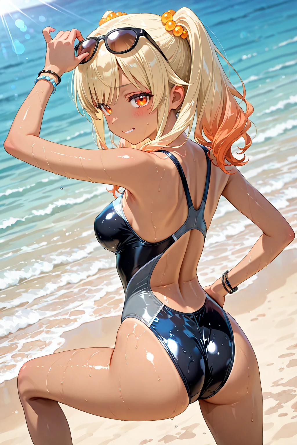 (masterpiece), (Highest quality), (High resolution, High Resolution), (Super detailed), (kitagawa marin), 1girl, (platinum blonde hair), (Very long hair with loose curls), Loosely swayed bangs, ((Hot pink mesh)), multicolored hair, (red eyes:1.2), Detailed eyes, Earrings, Earrings, jewelry, necklace, ((Detailed face)), (very cute expression), (A sloppy smile:1.2), Grin, ((White competitive swimwear)), ((White dress_Swimwear)), Wet with sweat, (tan skin:1.2),A lively 15-year-old gal, B86, W58,H85, Model Body Type, Very beautiful proportions, Gravure model photography, Depth of written boundary, (Perfect Anatomy:1.2), Adjust the fabric of the genital area of competitive swimming swimwear, bare hands, Tempting, (Heart effect:1.3), absurdes, one-piece_swimsuit, shirokoswimsuit, Close-up, nicebeach, Outdoor, ((Beautiful ocean with waves reflecting sunlight)), (Walking on seawater), I can see the horizon and the sky, The subject is in the center of the screen, 