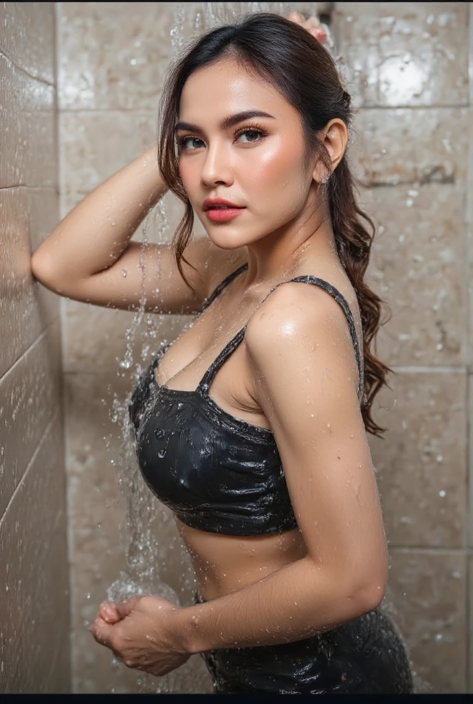 SoakingWetClothes, very attractive beautiful model girl taking a shower in bathtub , wearing long denim jeans, vest, full body,wet skin,dripping, Masterpiece, award winning photo, extremely detailed, amazing, fine detail, extremely detailed eyes and face,