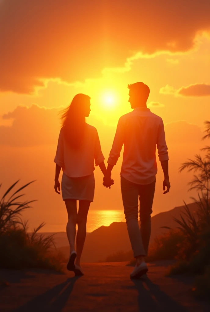 A couple walking hand-in-hand towards a sunrise, symbolizing a new beginning and a stronger bond after resolving a conflict.