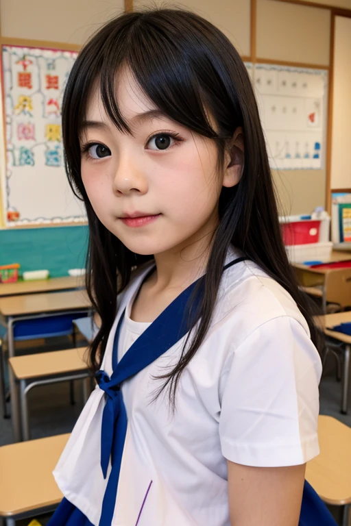 A primary school girl is drooling and blushing