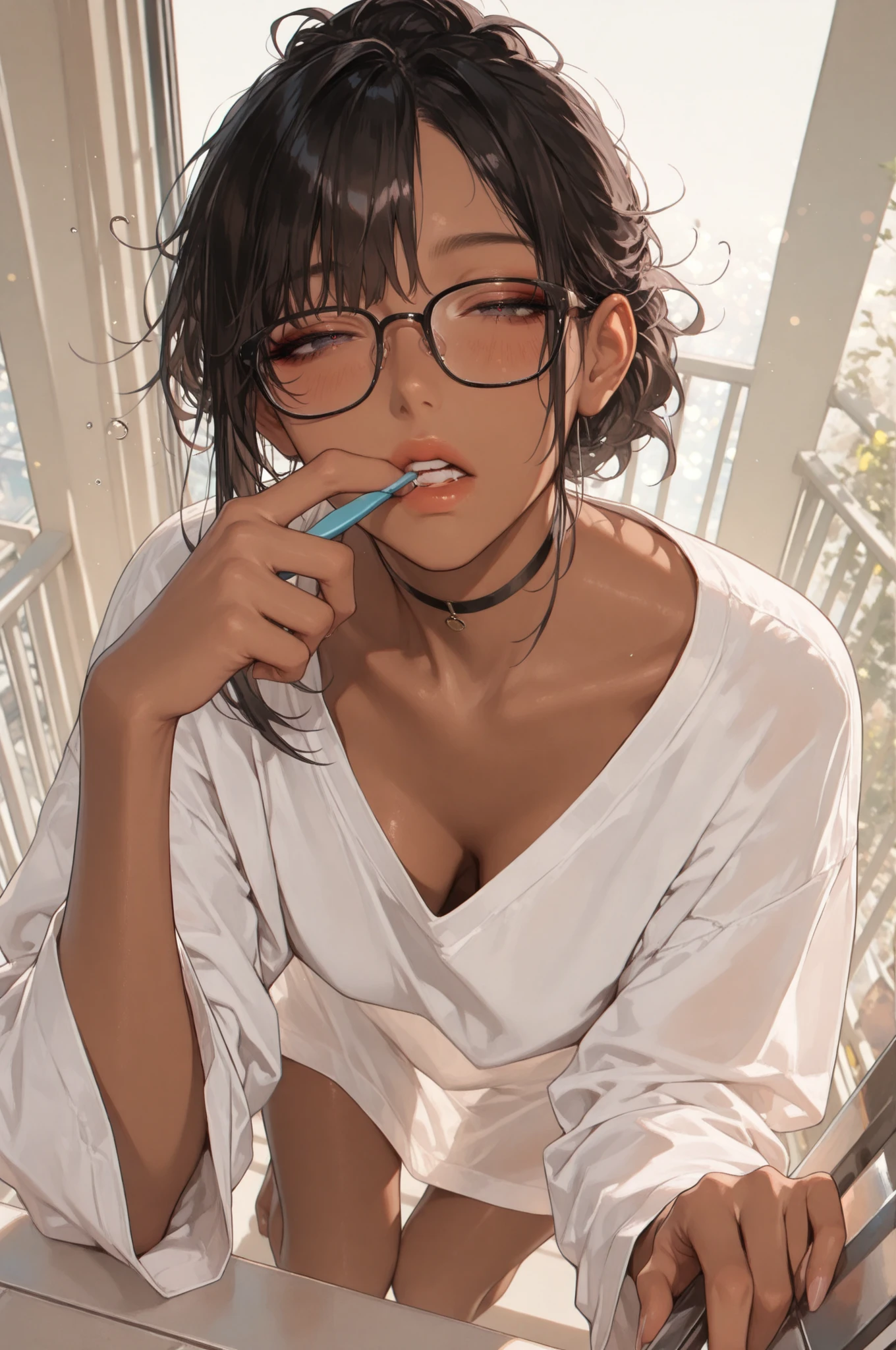There is a woman sitting on the floor with her legs crossed..., Wearing glasses, Japanese Model, Wearing glasses on, Wearing square glasses, Young Sensual Gravure Idol, Yasumoto Oka, Genuine young gravure idol, Without glasses, Yoshitomo Nara, Aoi Ogata, Wearing glassesいる, Surreal,Provocative,((Beautiful Skin)),((Skin Texture)),((Real Touch)), healthy, unreddish skin, Cute freckles on the cheeks,Mole under left eye,