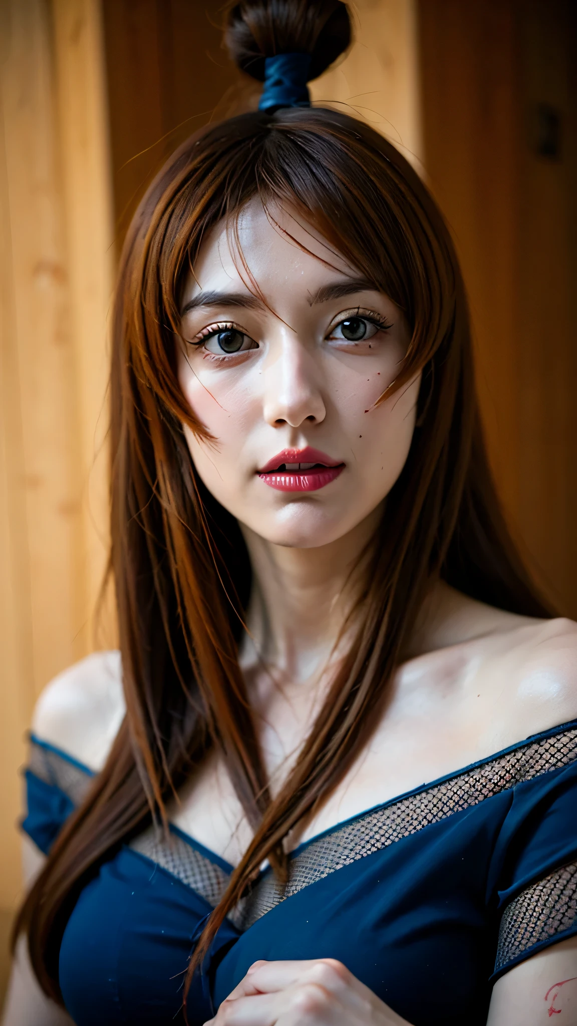 A hyper-realistic portrait of Mei Terumi from Naruto Shippuden, reimagined as a real-life woman. She has long, flowing bright orange hair and striking red eyes. Her expression is confident, elegant, and slightly mysterious. She is wearing her signature anime outfit — a stylish off-shoulder blue and black dress with mesh details and high heels. The image is extremely detailed, ultra-realistic, and rendered in ultra HD quality. Focus on the intricate textures of her hair, the vivid color of her eyes, the fabric of her clothing, and natural-looking skin. Realistic lighting, cinematic depth of field, 8K resolution, lifelike beauty, studio-quality photography