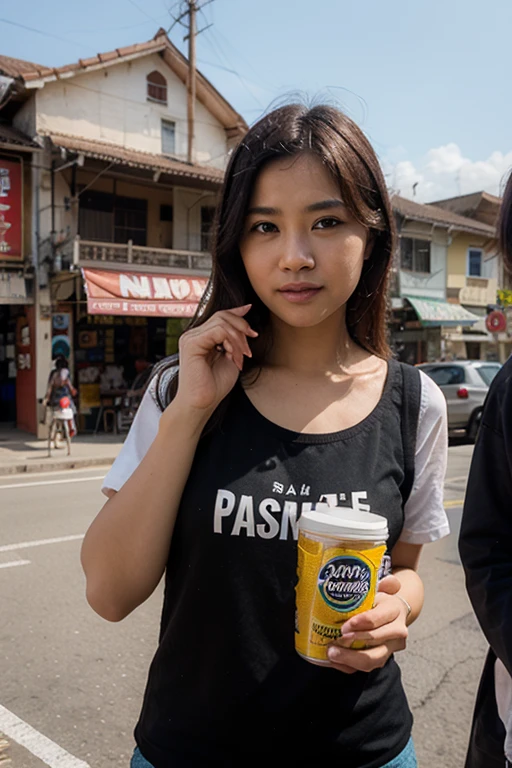 beautiful Korean woman wearing a hijab, wearing a yellow crop top t-shirt that says DAUN BUNGKUS PAPUA, holding a large and long banana, at the end of the banana there is thick white melted milk, white background