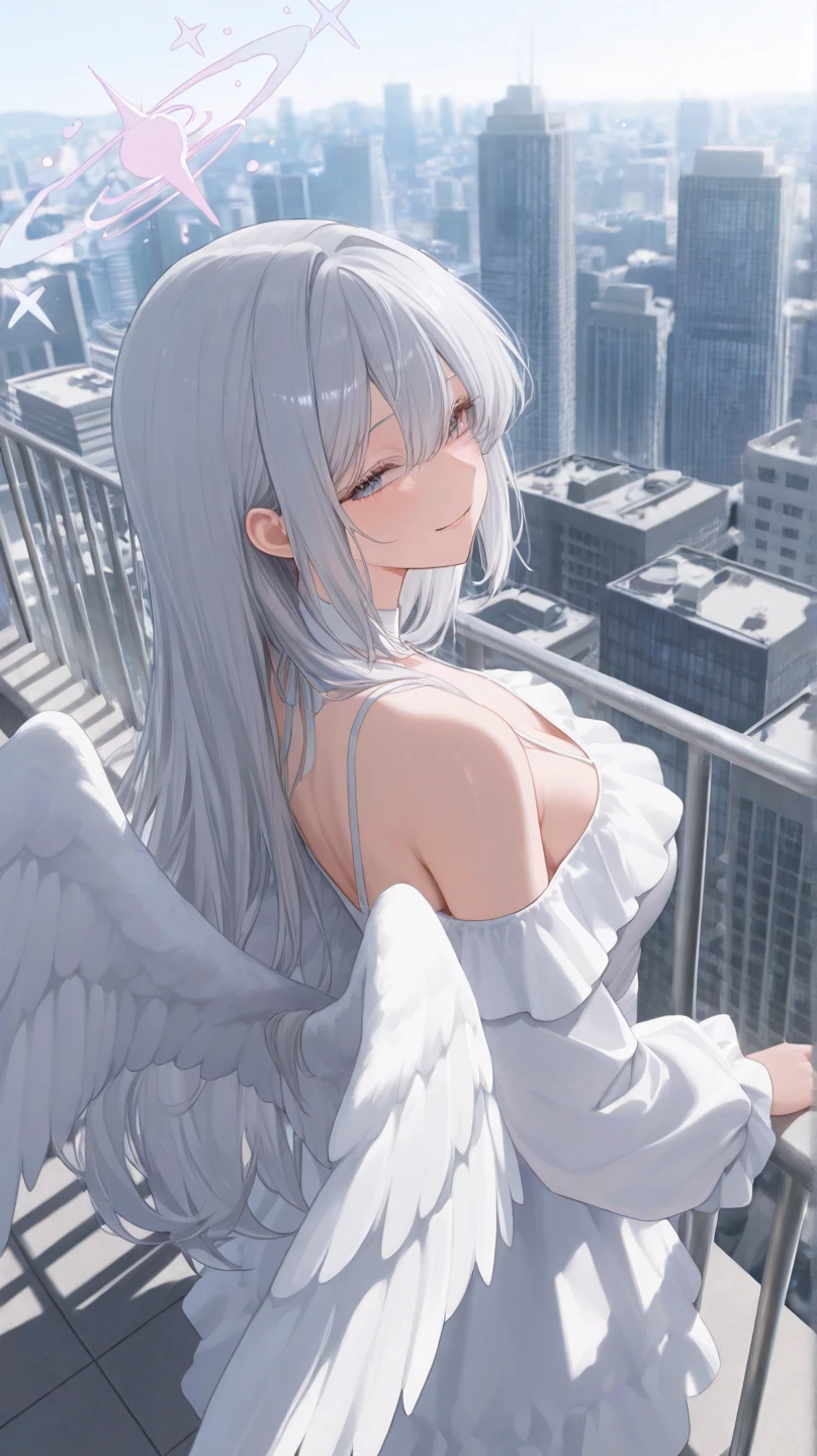 ((masterpiece)), (Highest quality), (Simple style), Silver hair, long hair, blue eyes, heaven, angel wings, naked, shirt(See-through) Cleavage No Panties