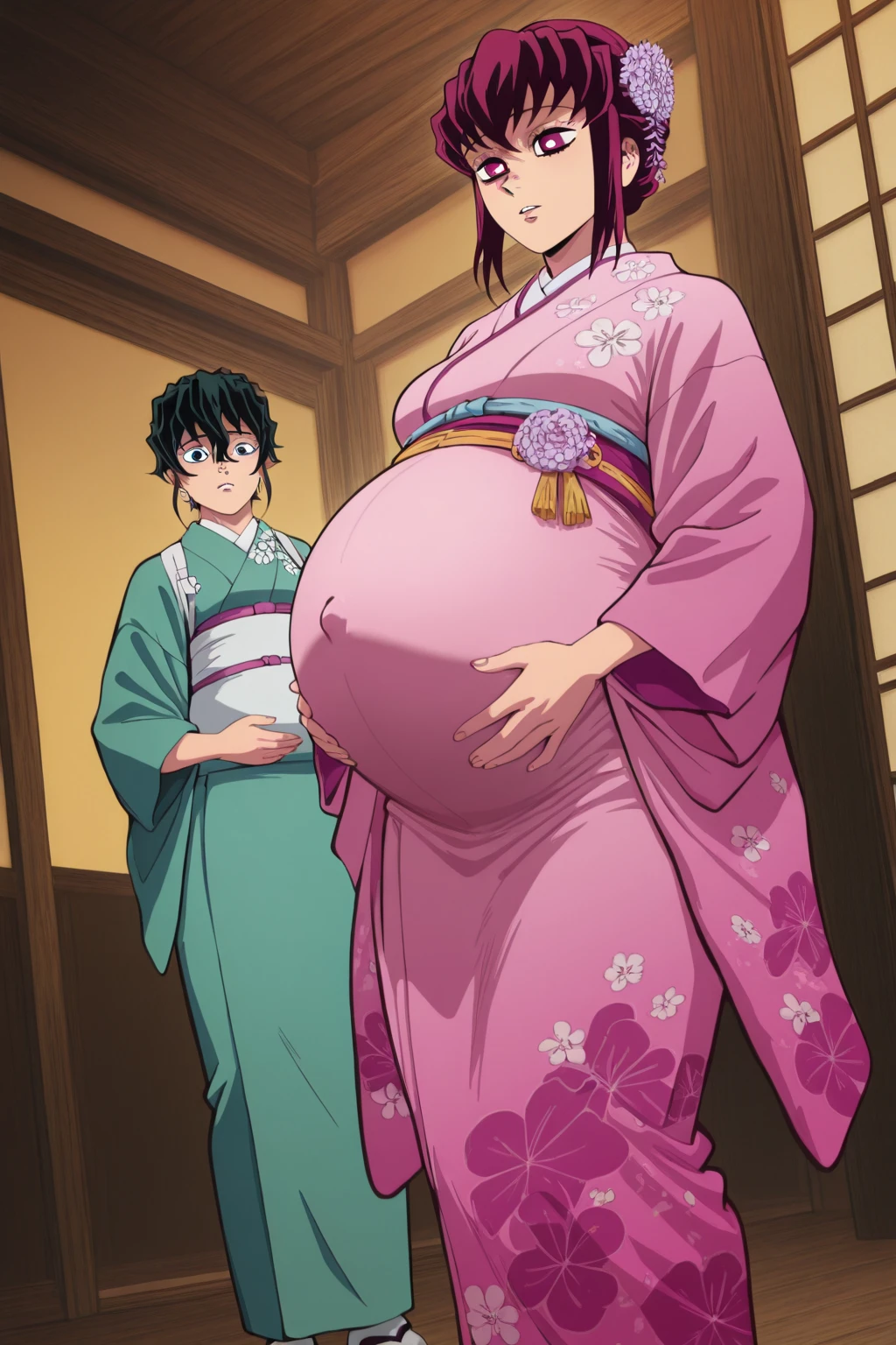 A pregnant girl with white skin and bangs and black hair With a buscando the boy With Brown skin and Straight hair with side bangs