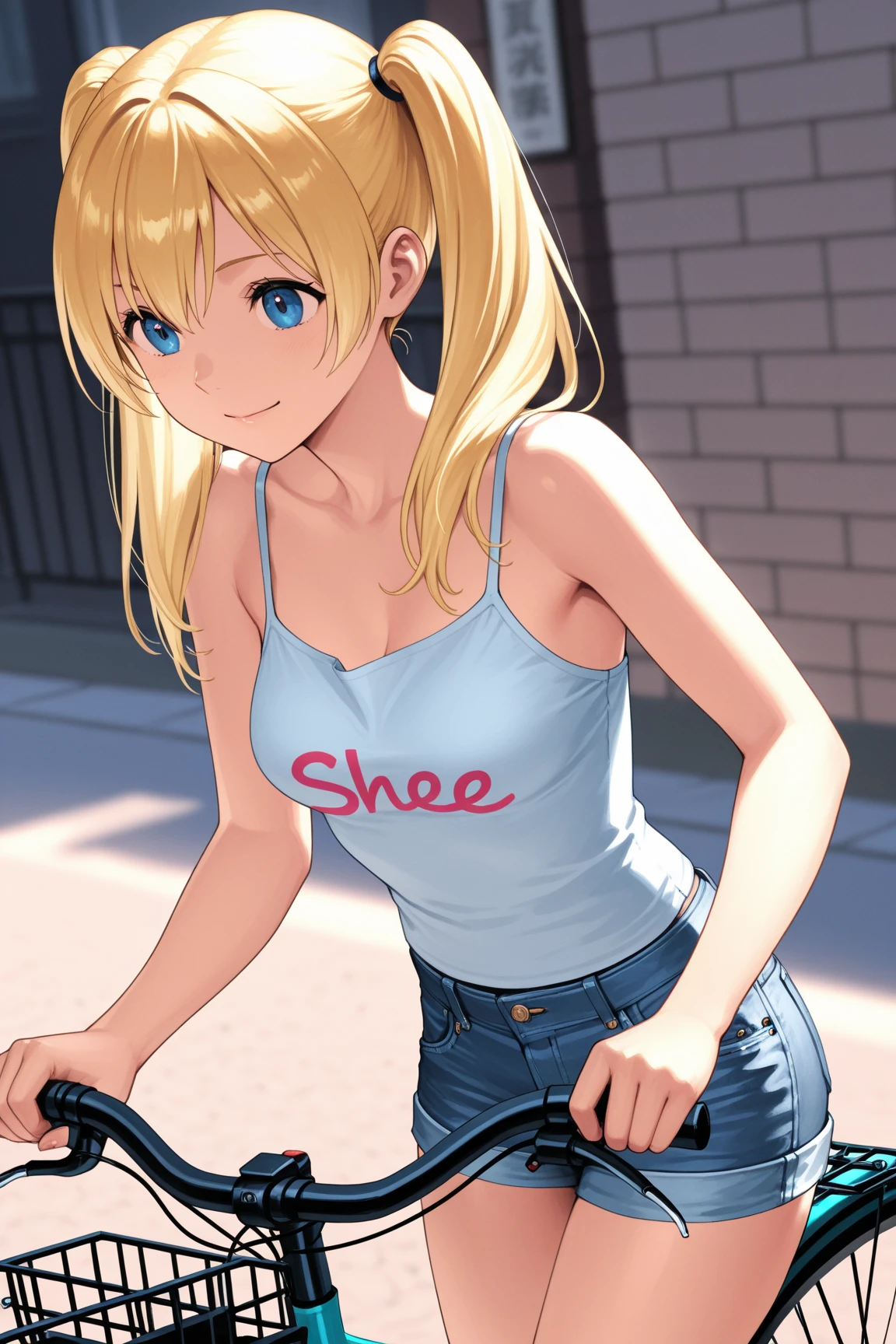 ppgzmyk, blue eyes, blonde hair, twin drills, short shorts, camisole, walking, embarrassed, road  <lora:PPGZ-Miyako_Gotokuji:1>