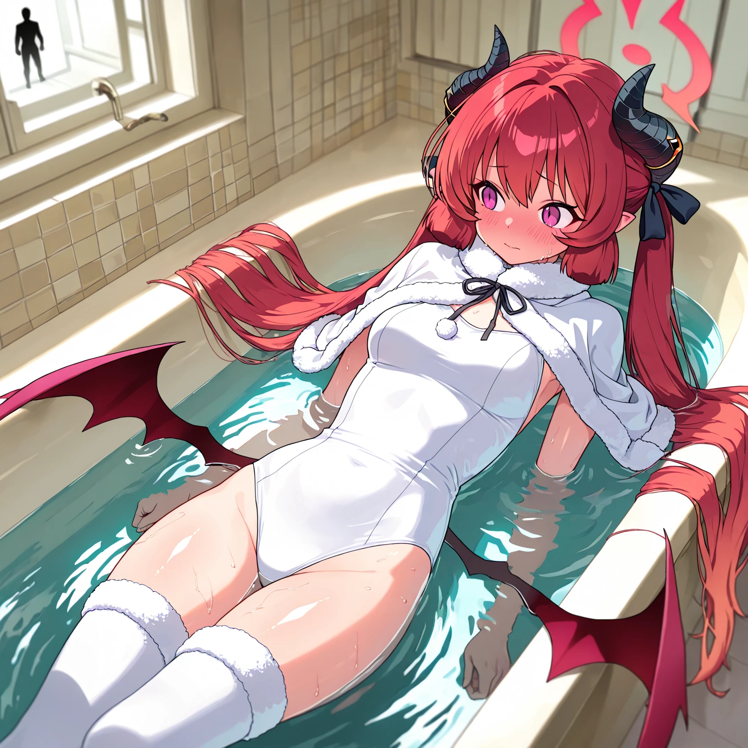masterpiece, best quality, highly detailed background, perfect lighting, best quality, (extremely detailed face), volumetric lighting, intricate details, shadow, tonemapping, sharp focus, hyper detailed, trending on Artstation, (solo), (submerged in the bathtub) .Girl with bat wings, Devil, devil horns, long red hair. Red eyes. Sexy. curvy. Blush, Clear skin. Belly in sight. Big bust. Hip. Body. ((Naked)) ((shampoo in hair))