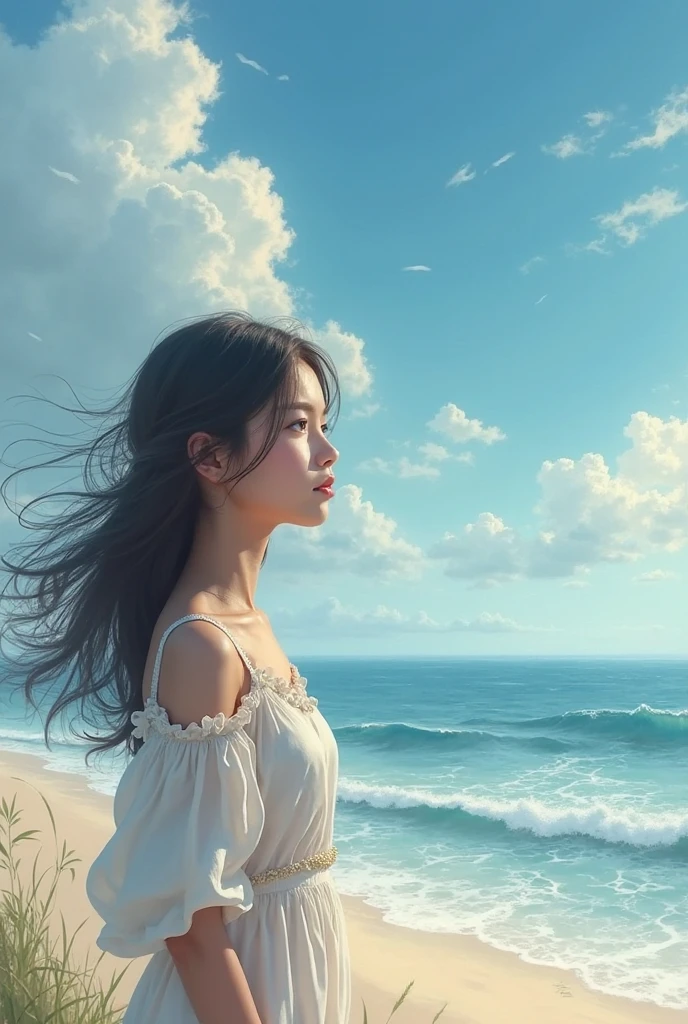 ((best quality)), ((masterpiece)), (detailed), A digital illustration of a long black haired teenage girl walking on the beach near the ocean at night wearing white t-shirt and blue jeans with dark clouds and lightning in background. The girl is having sad expression on her face