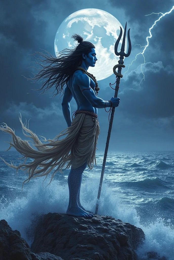Lord Ram (fit body, blue colour, middle hair, shooting arrows in the sky with a bow in his hand, bright lights in his full body, wearing yellow clothes) standing on the sea shore, shooting arrows in the sky, lightning is flashing in the sky, dark clouds are looming, looking towards the sea, engry scence 