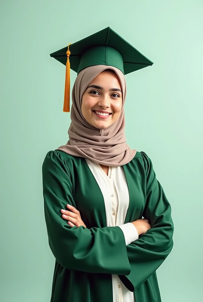 Consept art photography, fan art photography, a women, wearing hijab, wearing black graduation hat, Wearing black graduation gown, pastel brown theme background, Standing pose, leaf  effect background, university background, pastel brown lighting effect,bright results, perfect  pose.