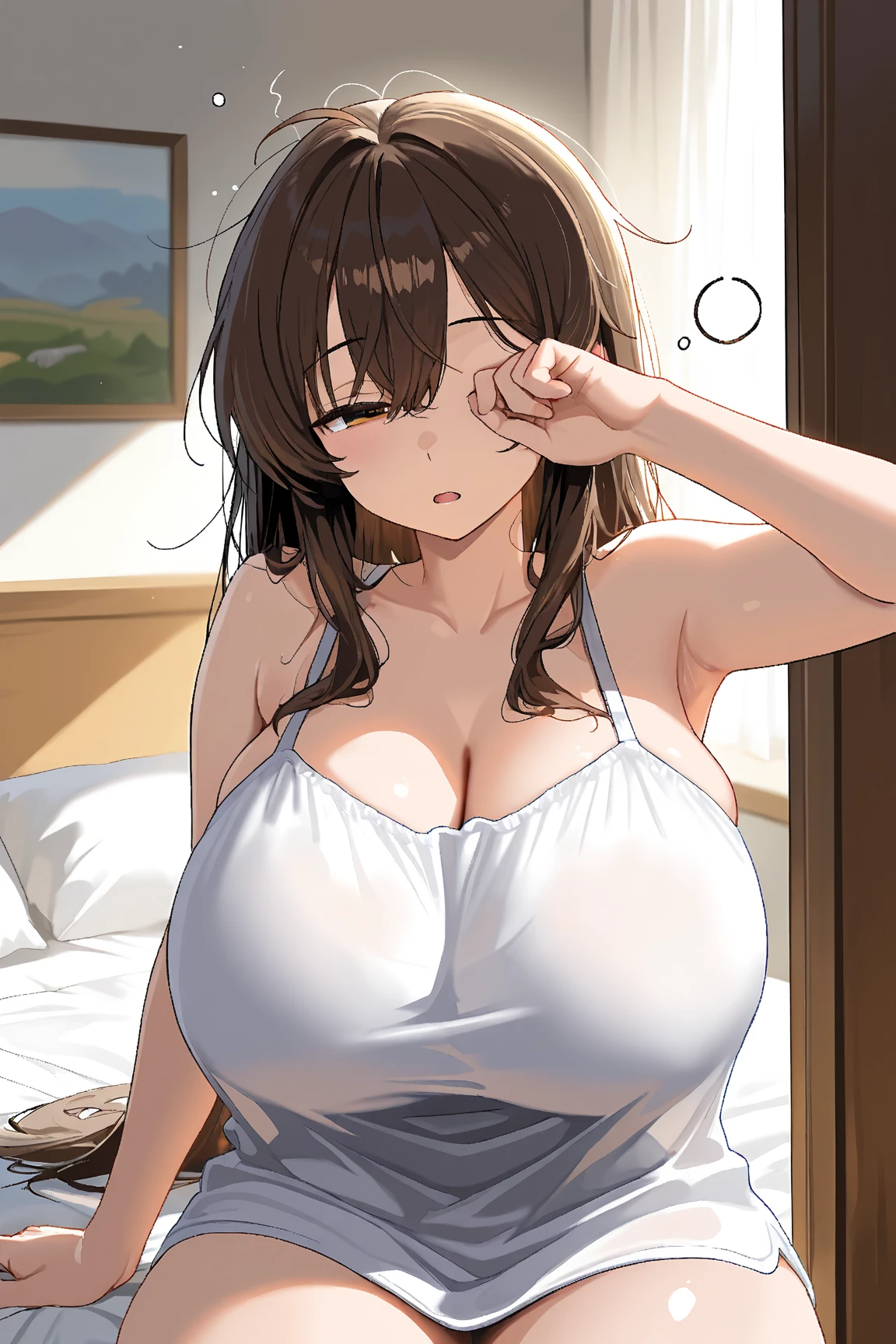 NTR Man, masterpiece, best quality, ((1 girl)), mature woman, (heavy body), squat、raise both arms up、hands behind head、looking here、 (Beige bra made of lace material、), brown hair, short hair, black eye , Angry, ((close,)) ,, angry look, ((flushed)),embarrassing、Sweat、vapor、Bedroom