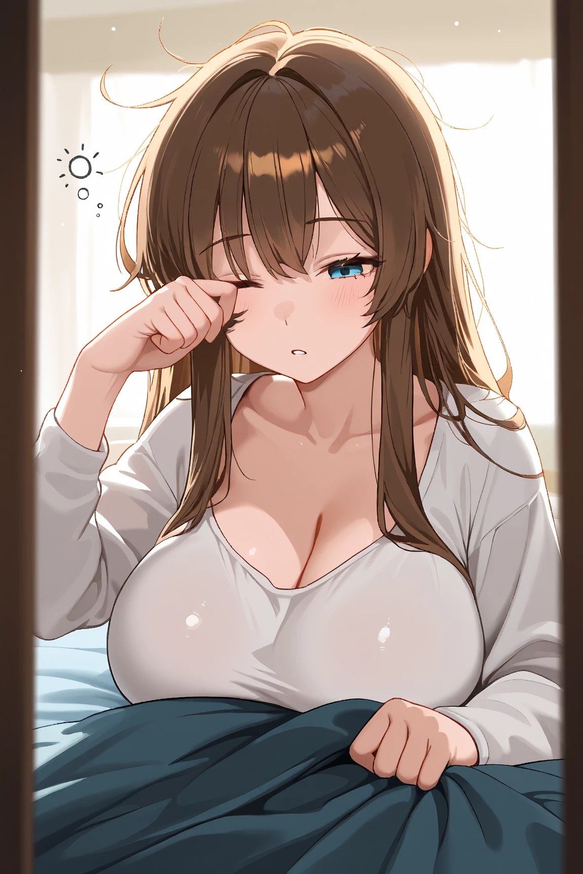 ((masterpiece)), ((best quality)), (detailed), ((adult women)), (((light brown skin))), (((short moptop wavy hair))), forehead, (light brown hair), ((slant eyes)), large breasts, photograph, beautiful detailed face, detailed eyes, (nude), (nsfw), (vip room bed), ((vaginal,sex)), (vulgarity:1.4), (fucked silly;1.2), ((squinting)), (steam:1.1), ((trembling:1.2)), (tears:0.9), (drooling:0.8), (wet:0.5), (((upper body))), (erectile nipples),