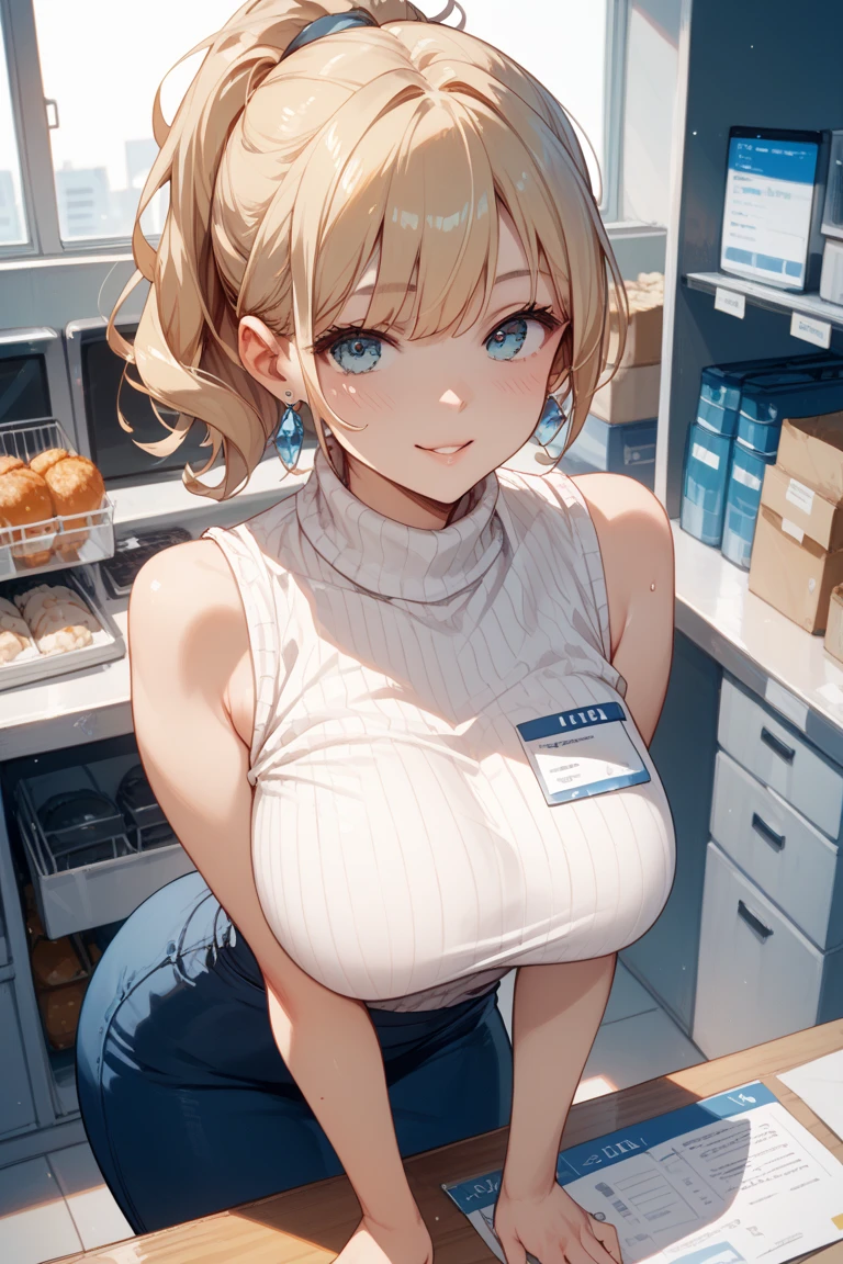 masterpiece、best quality、detailed、1 female、18 years old、blue eyes、Blonde、dark skin、((Oily skin))、Glowing skin、short hair、A girl wearing an off-the-shoulder oversized solid pink T-shirt、Attractive thighs、Large Breasts、Large Breasts、High socks, View, Woman standing at the cash register、A woman going shopping、Tears、((blush、full of embarrassment)), look up、A woman buys condoms at the checkout counter of a convenience store、A box on the cash register、((steam,Sweat)),