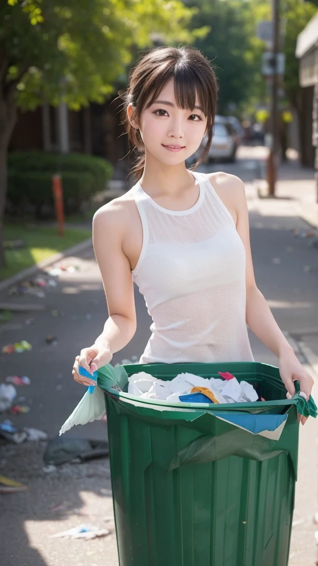 NSFW:1.2,City park in the evening、On asphalt、32K、Top image quality、Fluffy sleeveless T-shirt in light moss green、(((Hand Lift Mini Skirt、Lift the micro mini skirt yourself to reveal your panties、You can see the pale off-white panties)))、(Female genitalia can be seen through、)、Happy smile、(Bob Hair)、slightly bulging、slender physique、small tits:1.5、stature: 157cm,Somewhat short,Beautiful face、