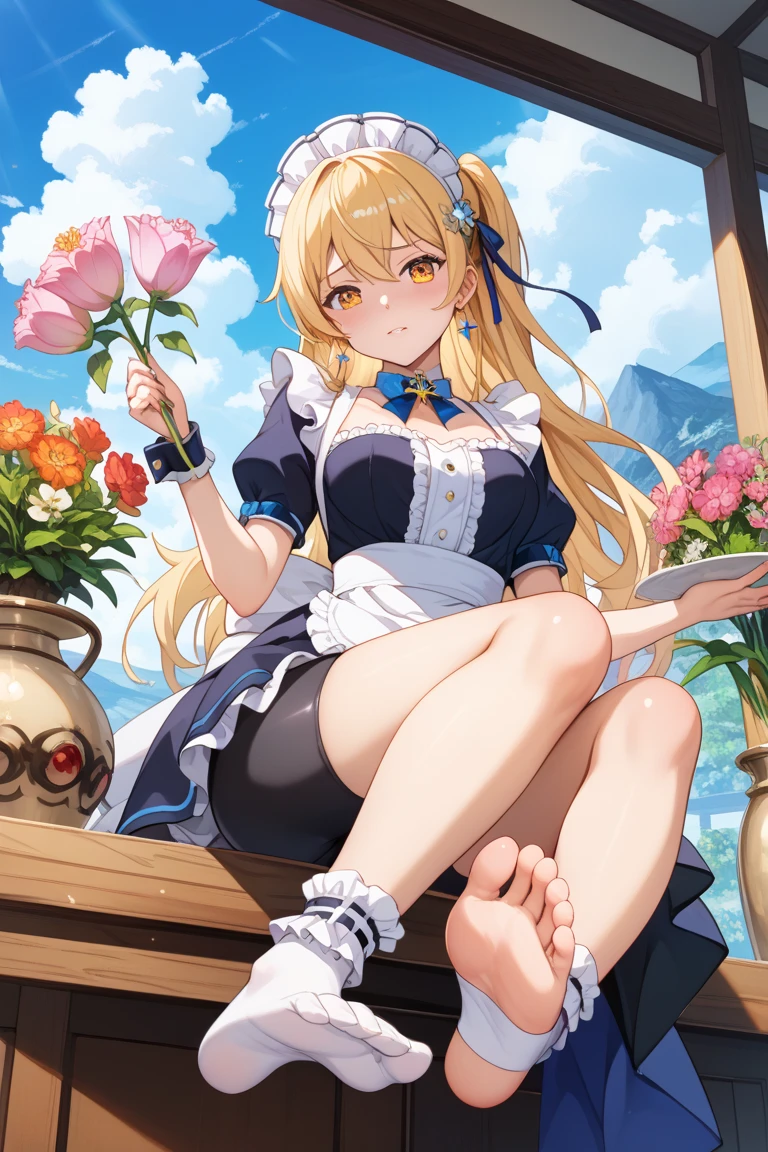 anime styled, High definition illustration, Perfect drawing, Draw anatomically correctly, alice in the wonderland, Beautiful blonde girl lying on the table at a tea party, ((seminude:1.5)), A short, light blue dress with a simple design and frills., Layering a white apron,The girl is sleeping with her eyes closed with a happy expression, The girl's apron and skirt are turned up and her panties are visible., sleep peacefully,((morpheus:1.5)), He is breathing peacefully with his mouth slightly open.,Close your eyes, light blue headband with white border, Her dress flutters in the breeze and her panties are visible., Legs spread cutely and defenselessly, Innocent sleeping face, White knee-high socks that reach above the knee, Breast bulge,The protrusions of her nipples are slightly visible through her clothes.