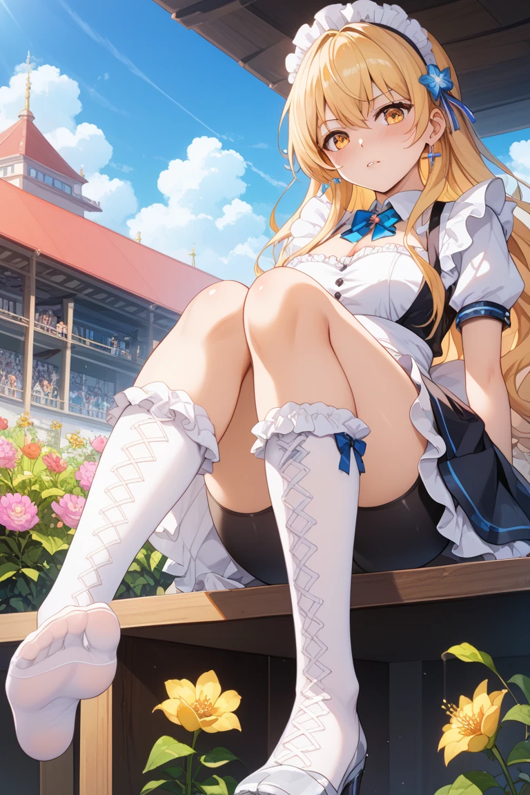 High resolution, high definition, high image quality,16k wallpaper,Perfect friend,perfect feet,perfect face,Inside the racetrack track,large number of spectators,A large amount of blizzard of flowers flows,smile,perfect feet.1 girl.(satono diamond),