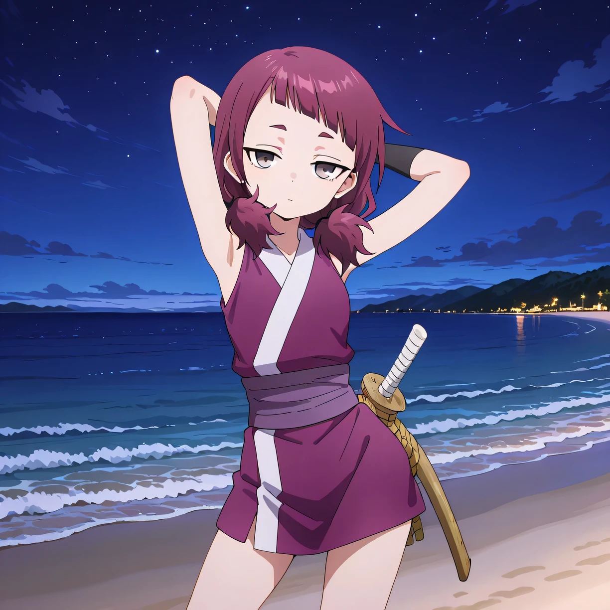 shakuyaku, sleeveless, japanese clothes, hightighs, fingerless gloves, high quality, solo, night sky, beach, hands behind head, ((contrapposto)), closed mouth, cowboy shot, looking at viewer, expressionless, best quality