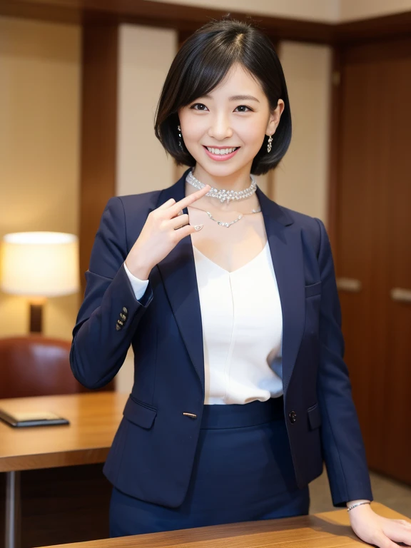 Raise your hand,Spread your legs,(((Inside the company)))、Wearing a business jacket,Wear a shirt,look at the camera with a smile、(Panties:1.5)、woman, 20-year-old, Short Hair,私のPantiesを露出させてください...、(レースのPantiesー)、(Tilt your head a little)、Detailed skin、Detailed skin、Detailed Sweat
