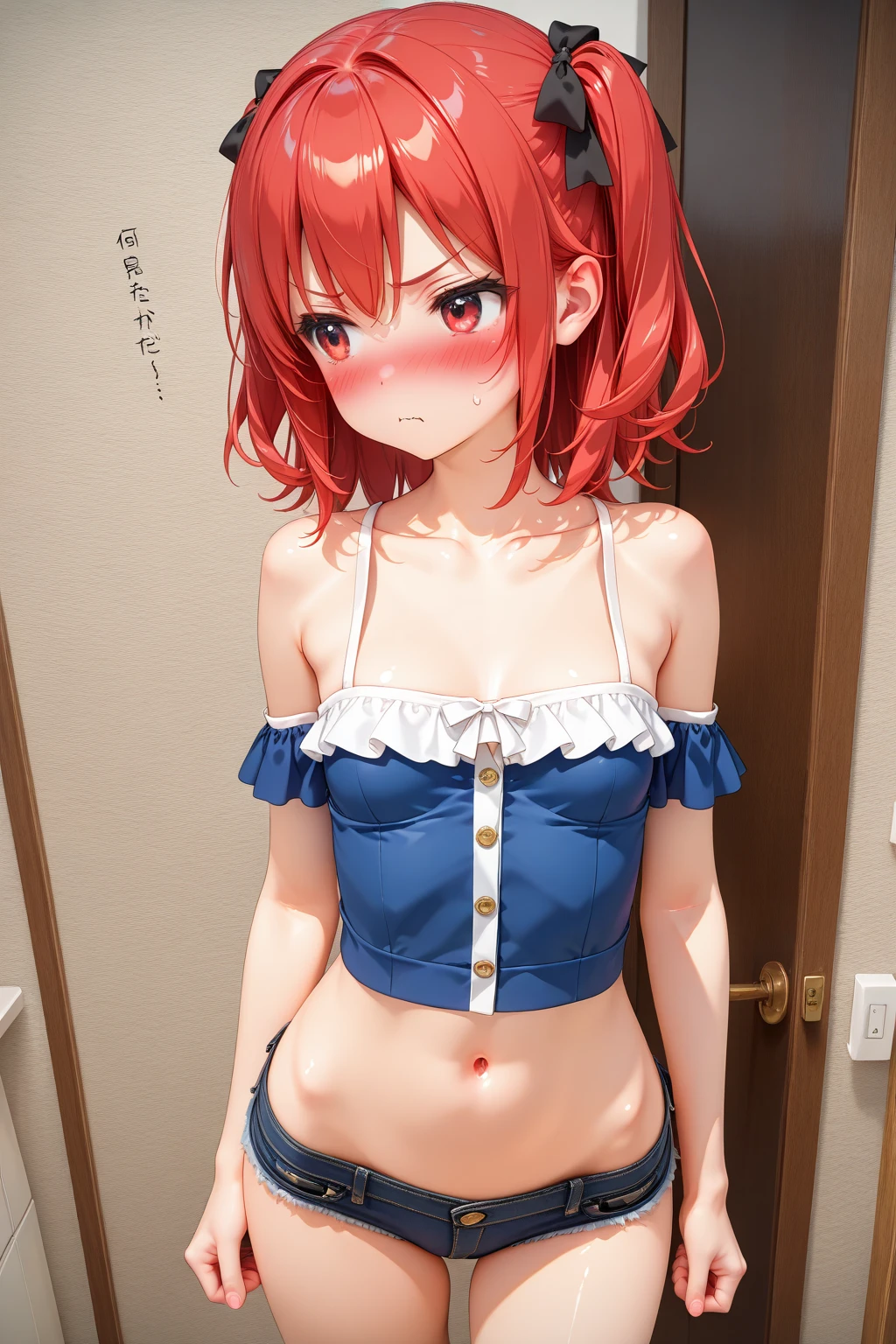 best quality, masterpiece, extremely detailed CG, official art , professional lighting, sakimiyairuka, red hair, green eyes,(one side up), medium hair, side ponytail, green scrunchie, hair ornament, shiny skin, micro bikini, (cameltoe), groin, wet, cowboy shot