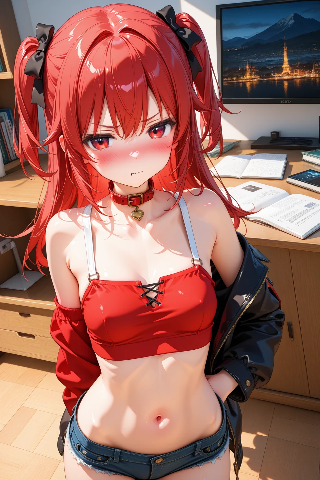 Best quality, ultra high resolution, 1 girl, Red hair, Green eyes, short and thin body, short top with a neckline, slender legs, ((shyexpression)),