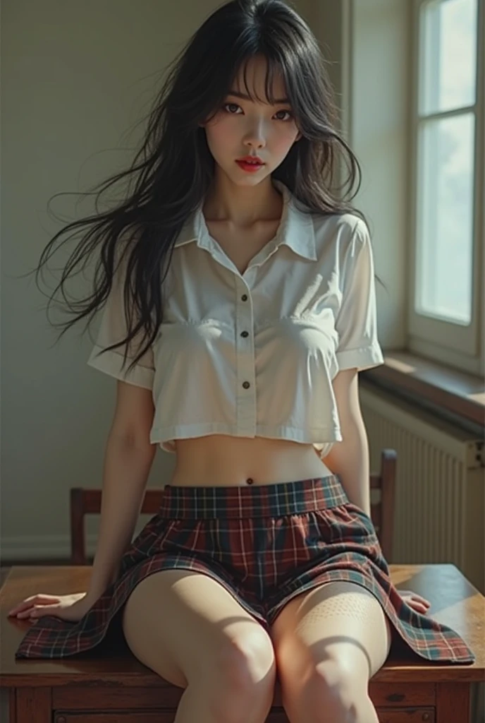 best qualityer，Highest high resolution，one-girl，pupils，Exquisite facial features，largeeyes，long eyelasher，Hydrated red lips，Blushlush，Grim expression，long and flowing hair，Student uniform（White top short-sleeved shirt，Black plaid jacket， Dark blue pleated skirt，Superskirt，Black round-toe shoes），Exquisite facial features，perfect body figure，in class room，Sit in front of the blackboard，sit on chair, Black stockings are particularly eye-catching，中景 the scene is，Great for students，Doing，Doing，Ultra-close-up，Close-up of people，solo person，Solo