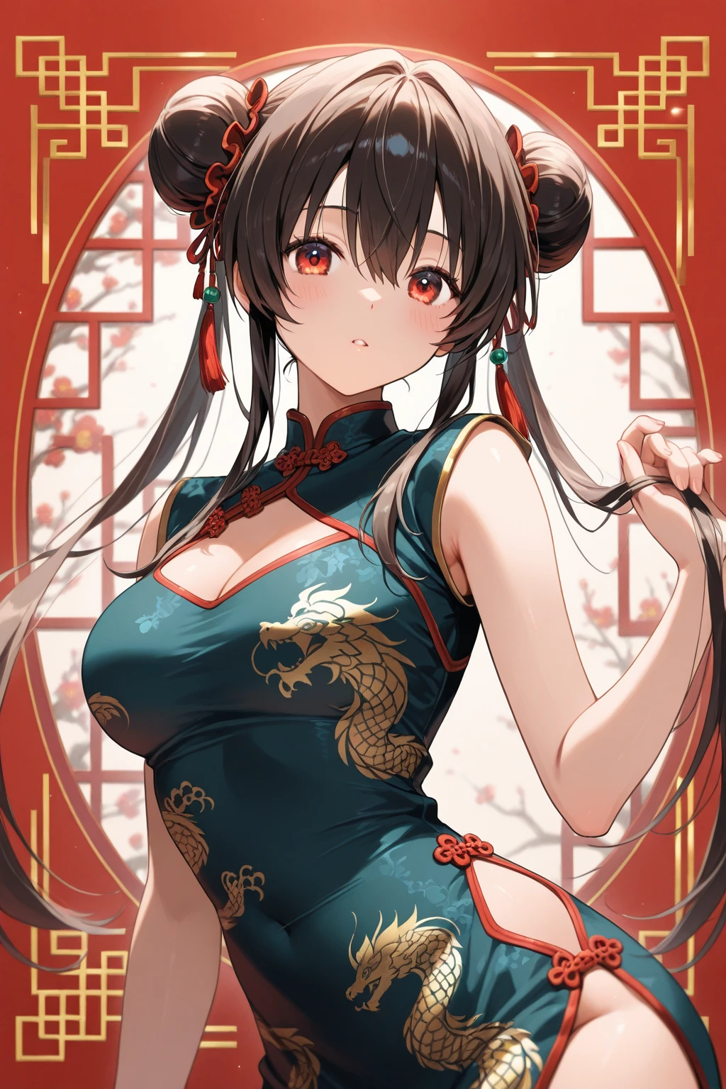 masterpiece, best quality, 8k, hires, detailed, 1girl, mature,detailed skin texture,black hair,long hair,pony tail,huge breast, half body, detailed face, cute face, young face, pure face,detailed china dreess,(red dress,gold dragon pattern,sexy deep side slit,short length:1.3), happy new year,(green Shenron Mural in the background:1.3),up side down 福,