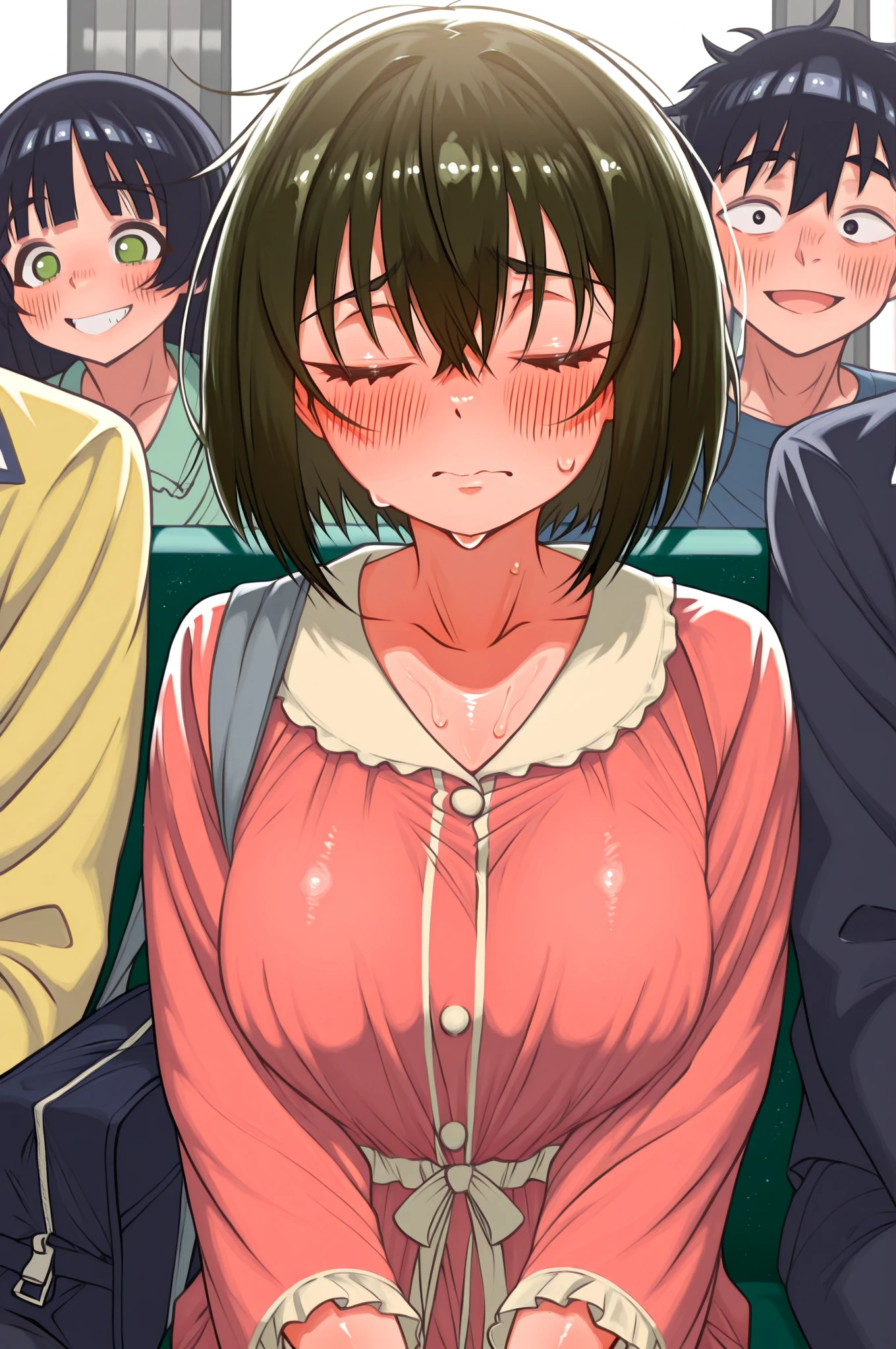 A naked middle-aged man is groping the breasts of a small-breasted girl with black bob hair, a pure girl with erect nipples and pale pubic hair, wearing a floral bra, floral panties and a checked skirt, who is crying on a train and feeling embarrassed and scared and resisting.、whole body