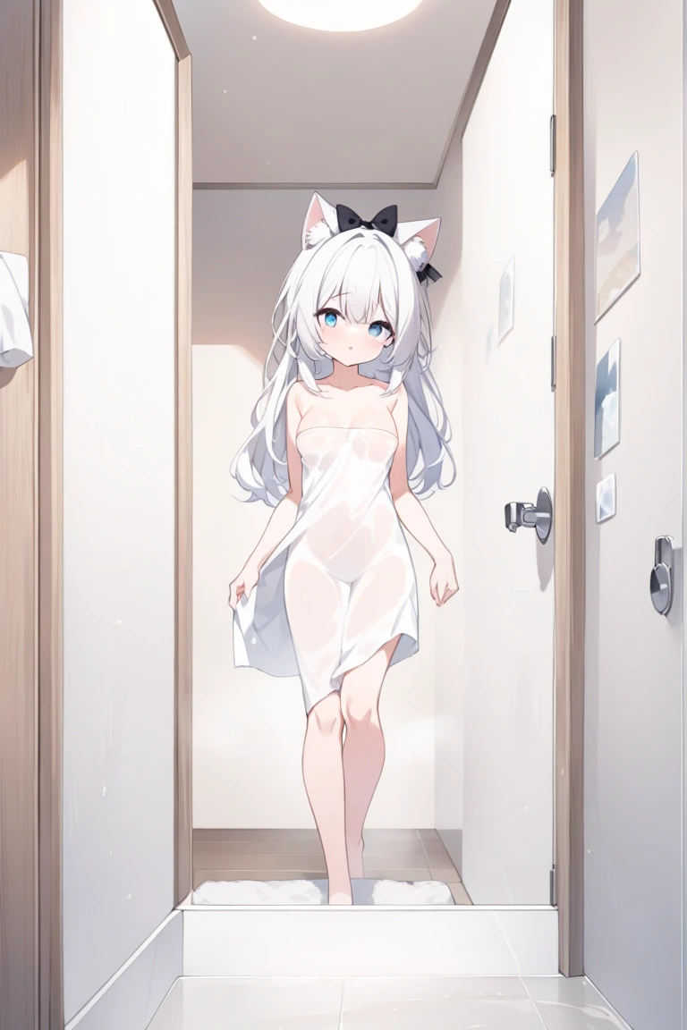 Young , catgirl, flatchested , flatchest, nude, blushing, no clothes, taking shower, wet, hidden camera POV,