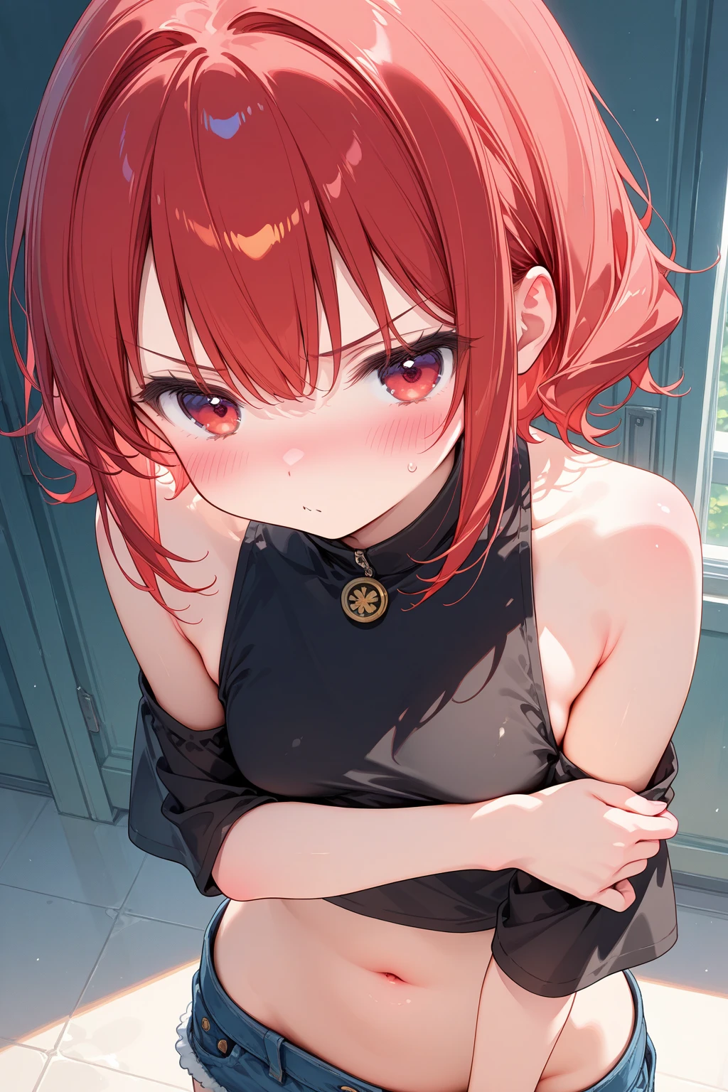 ((masterpiece))
(portrait) (fisheye) (from_above)
(breast_focus) (breast_squeeze)
(parted_lips)
(blurry_background) (depth_of_field)
<lora:HoushouMarineV2LORA-000050:1>
(ship)(ship_deck) (outdoors)
(houshouBase) (twintails) (heterochromia) (red eye) (yellow eye)
(red_jacket) (red_skirt) (miniskirt) (off_shoulder)
(arm_covering_breasts) (crossed_arms)
(embarrassed) (looking_up)
<lora: zovyaWetHairLORA64_V1:0.35>
(wet_hair)
<lora:qqq-covering_breasts_crotch-v1-000015:0.4>
(covering breasts)(covering_breasts)