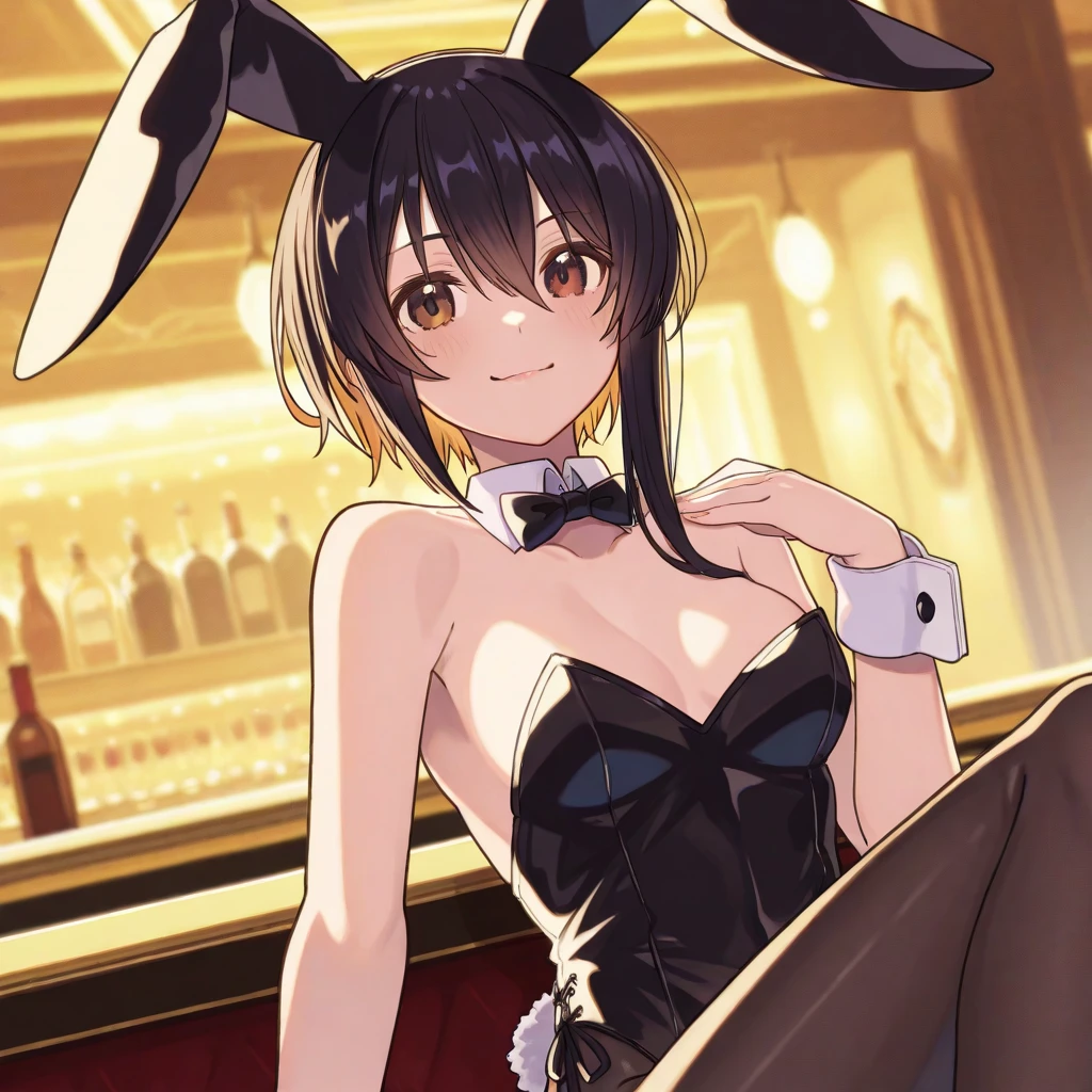 (8K、Best image quality、Highest quality、masterpiece)、Detailed face、 One girl、Black Hair、Long Hair、straight、blunt bangs、Grey Eyes、evil smile、((lots of piercings))、Moderate breasts、((playboy bunny))、((bent over))、Cowboy Shot、casino