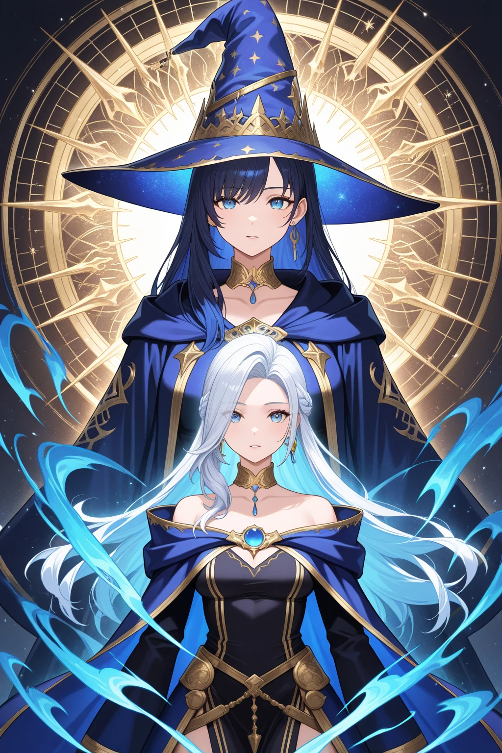 (Finest quality)),(超A high resolution),(ultra-detailliert),(Meticulous portrayal),((best pictures)),(Finest works of art),Ultra-Precision Art,The art of astounding depiction, (Two Witches:1.5),Geometric magic circle:1.4,Flurry:1.3 light,loimu:1.3